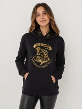Harry Potter Hogwarts Wizard World Gold Masqued Crest Black Hoodie M Unisex